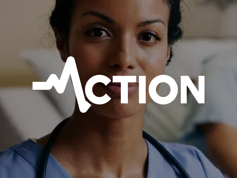 Action logo over and image of a black nurse wearing a stethoscope.