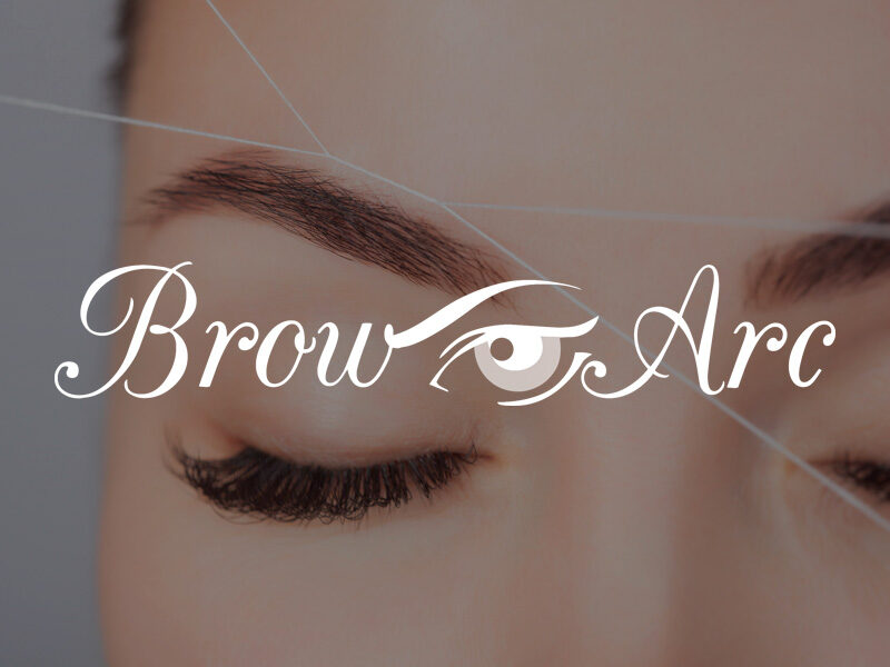 Brow Arc logo on top of an image of an attractive woman getting her eyebrows threaded.