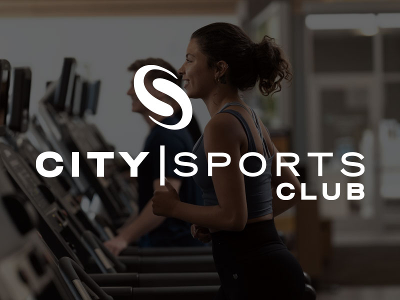 Woman running on a treadmill in a modern gym with City Sports Club logo overlay, representing fitness, cardio workouts, and an active lifestyle.