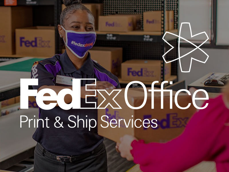 FedEx Office logo over an image of a female Fedex employee handing a box to another woman.
