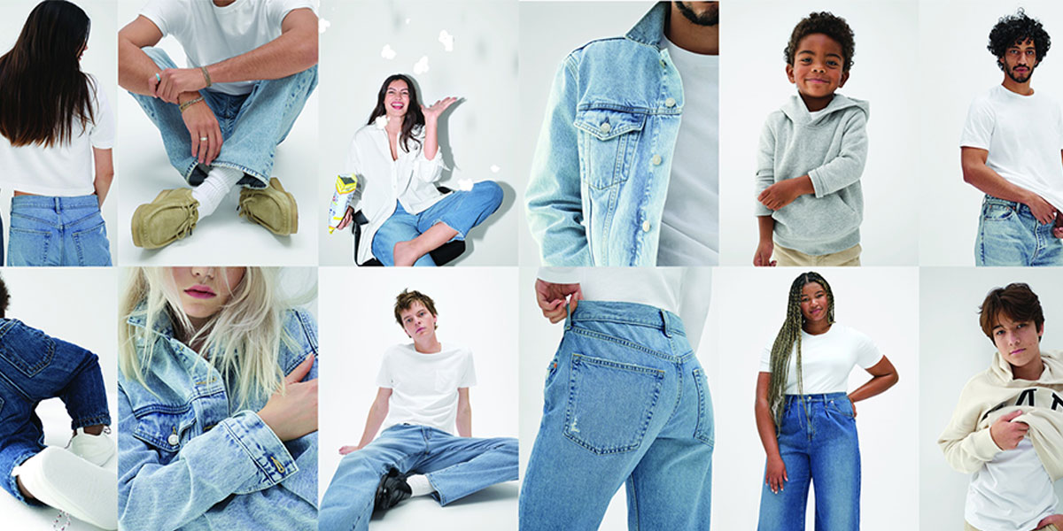 Collage of images of people wearing denim and white t-shirts from the Gap Factory Store
