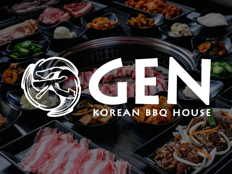 Gen Korean BBQ House logo over an image of ready-to-cook meats and vegetables.