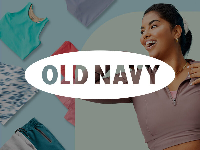 Decorative image with a smiling Asian woman wearing athletic clothing with an Old Navy logo overlaid.