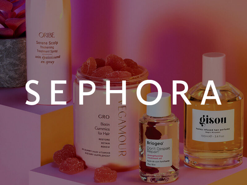 Sephora logo on top of an image of cosmetics.