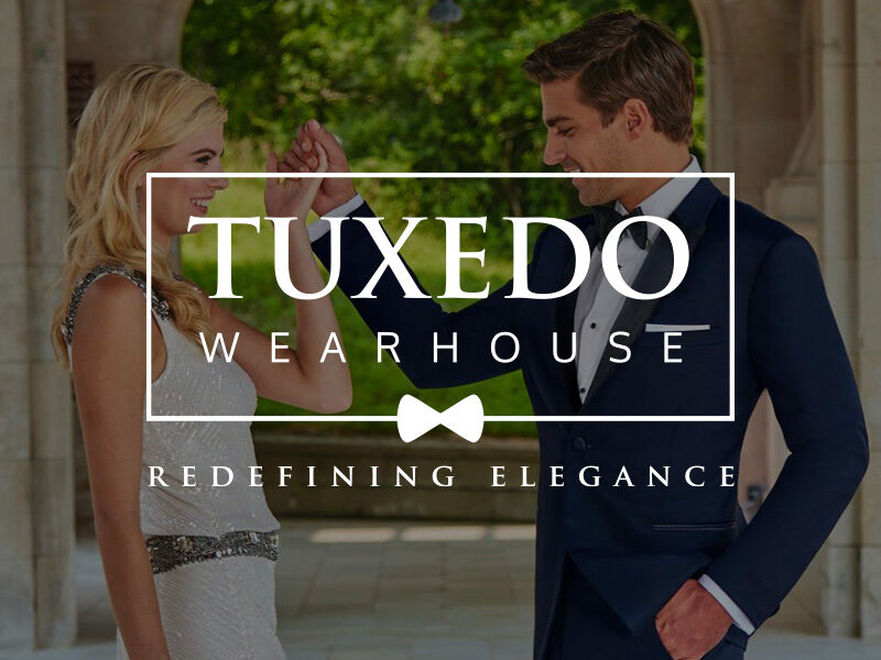Tuxedo Wearhouse logo on top of an image of a man in a tuxedo and a woman in a white dress holding hands.