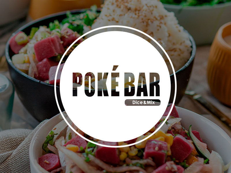 Poké Bar logo over an image of fresh poké bowls with ahi tuna, rice and vegetables.
